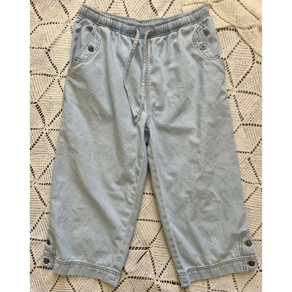 Vintage 100% Cotton Elastic‎ Waist Capri Pants Metal Buttons Size S Cottage Y2K